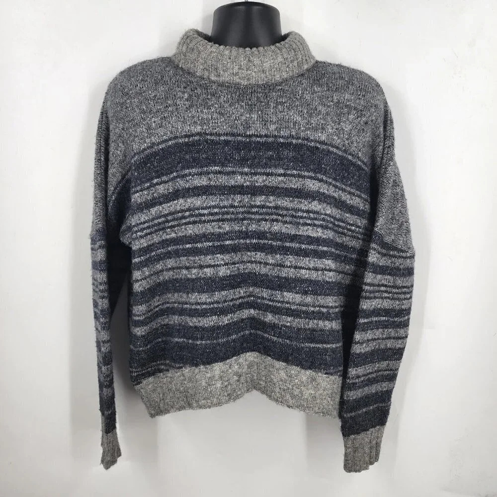 DENHAM Men's Merino Wool Alpaca‎ Mock Neck Striped Sweater Gray Blue EU Size M
